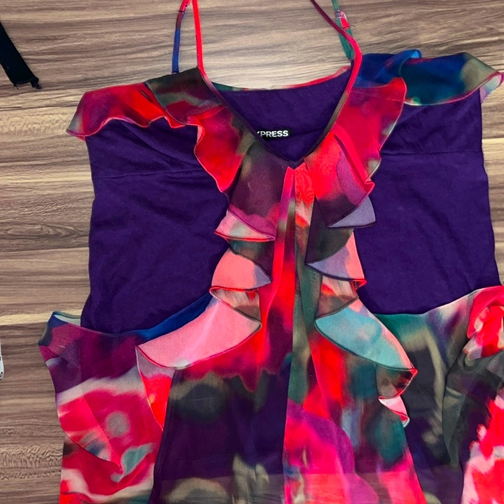 EXPRESS purple tank top with red and green ruffle